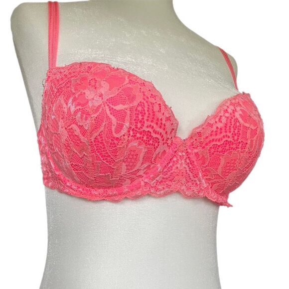 ❣️5/$50 Victoria’s Secret Pink Hot Pink Neon Date Push-Up Bra, size 32D - Picture 2 of 3